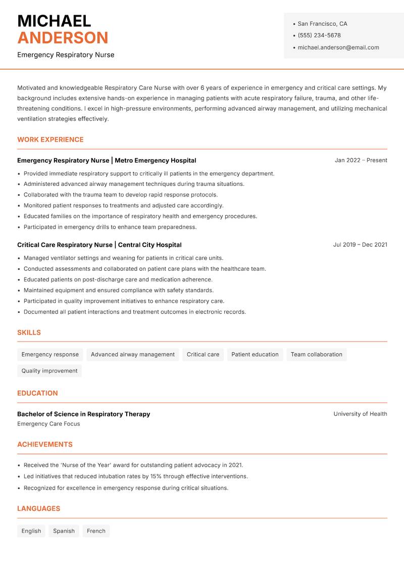 Respiratory Care Nurse Resume Template
