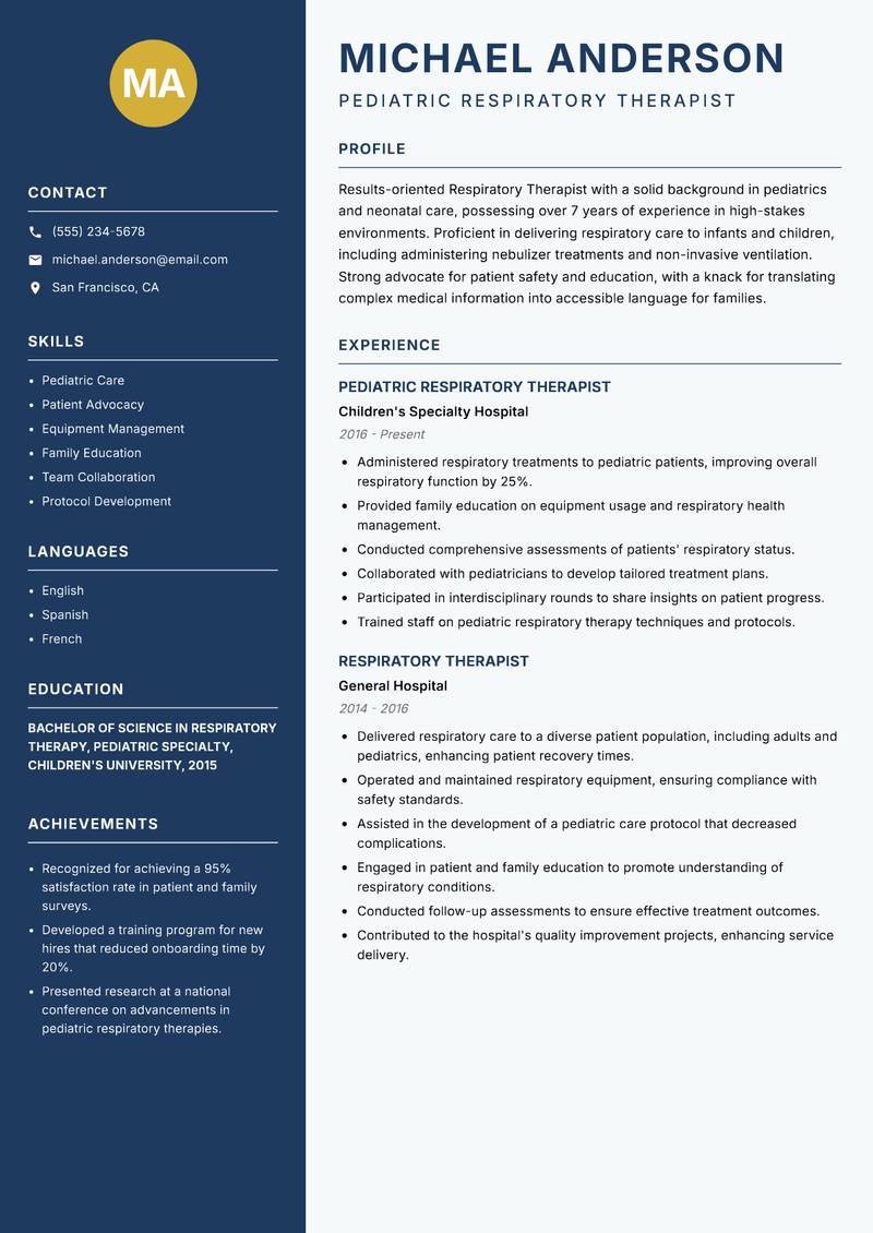 Respiratory Therapist Resume Preview Example