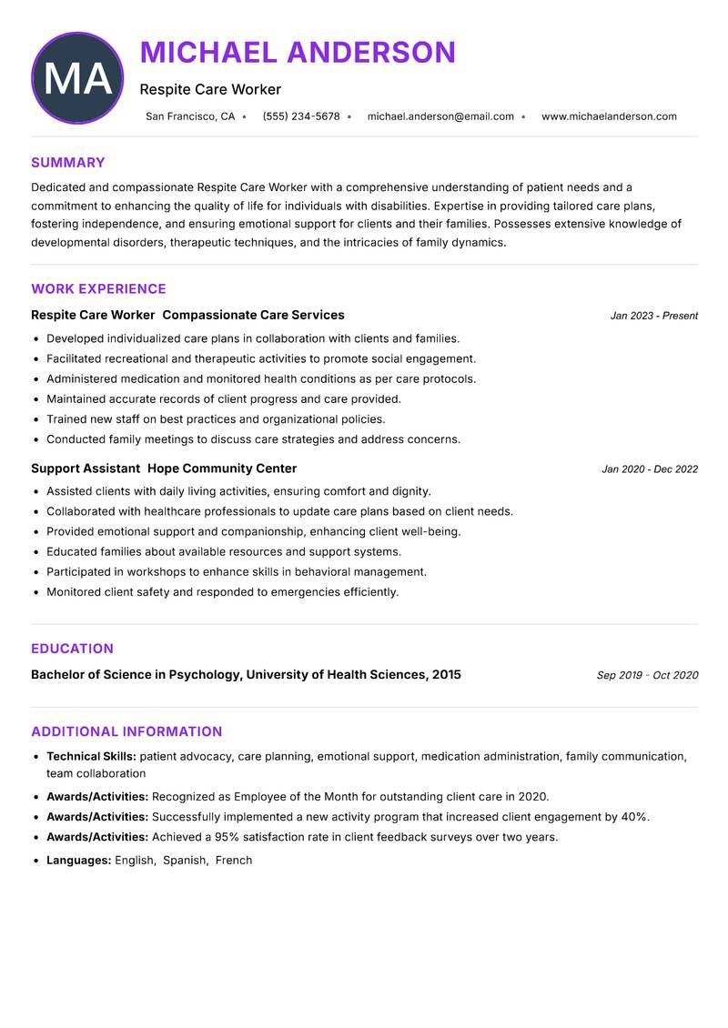 Respite Care Worker Resume Preview Example