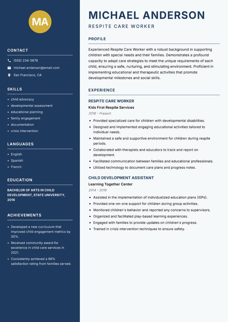 Respite Care Worker Resume Preview Example