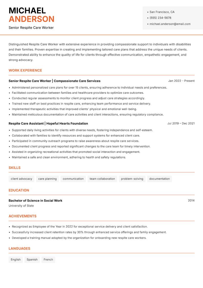 Respite Care Worker Resume Template