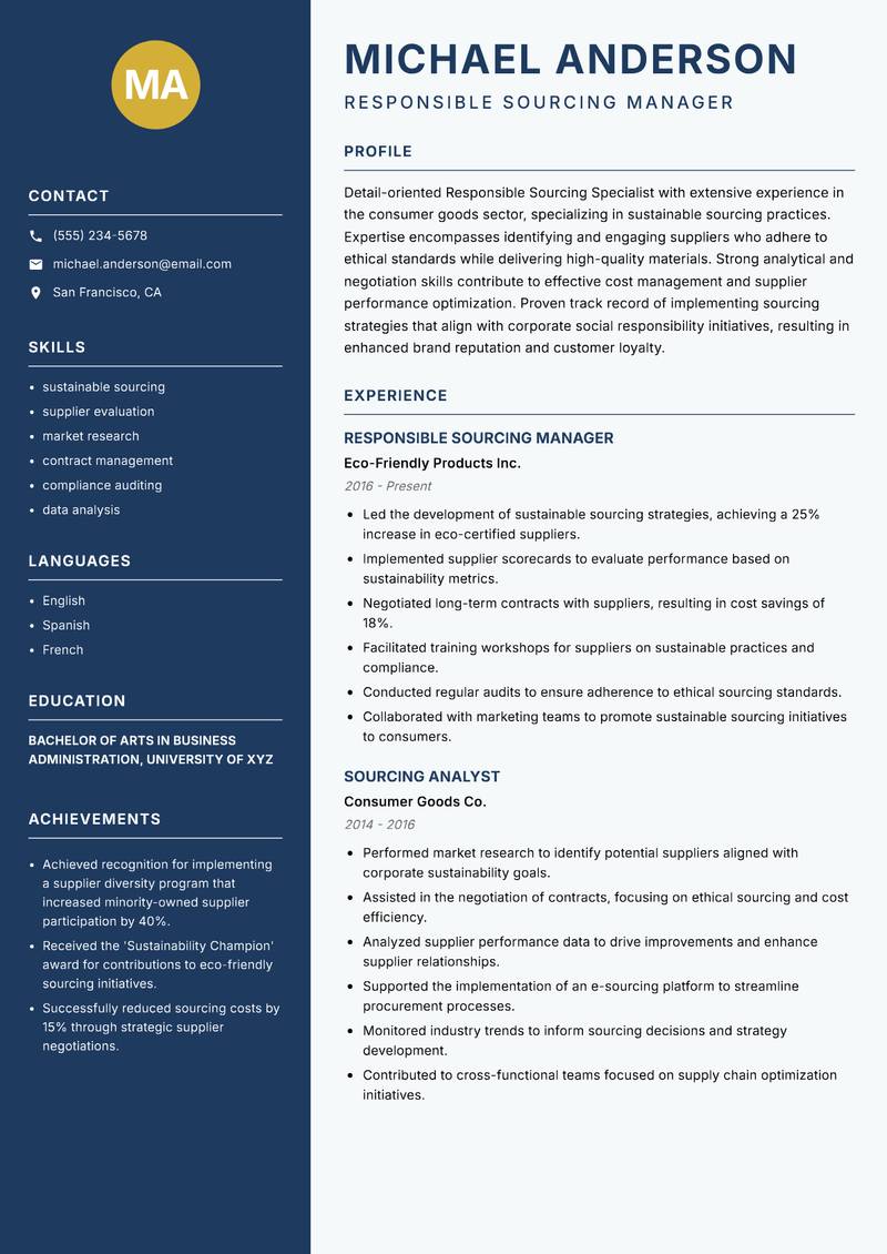 Responsible Sourcing Specialist Resume Preview Example