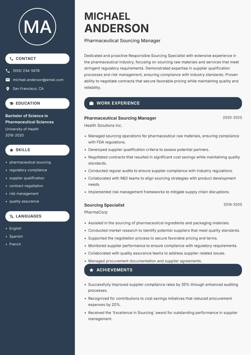 Responsible Sourcing Specialist Resume Preview Example