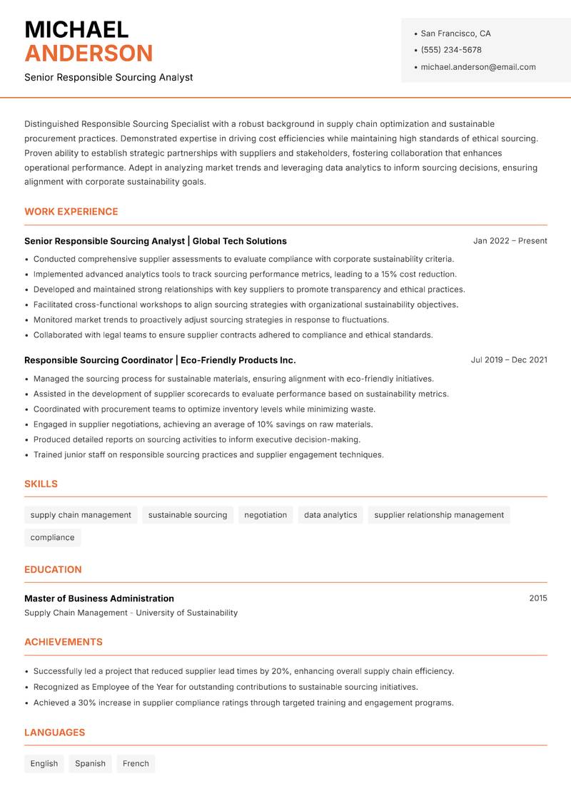 Responsible Sourcing Specialist Resume Template