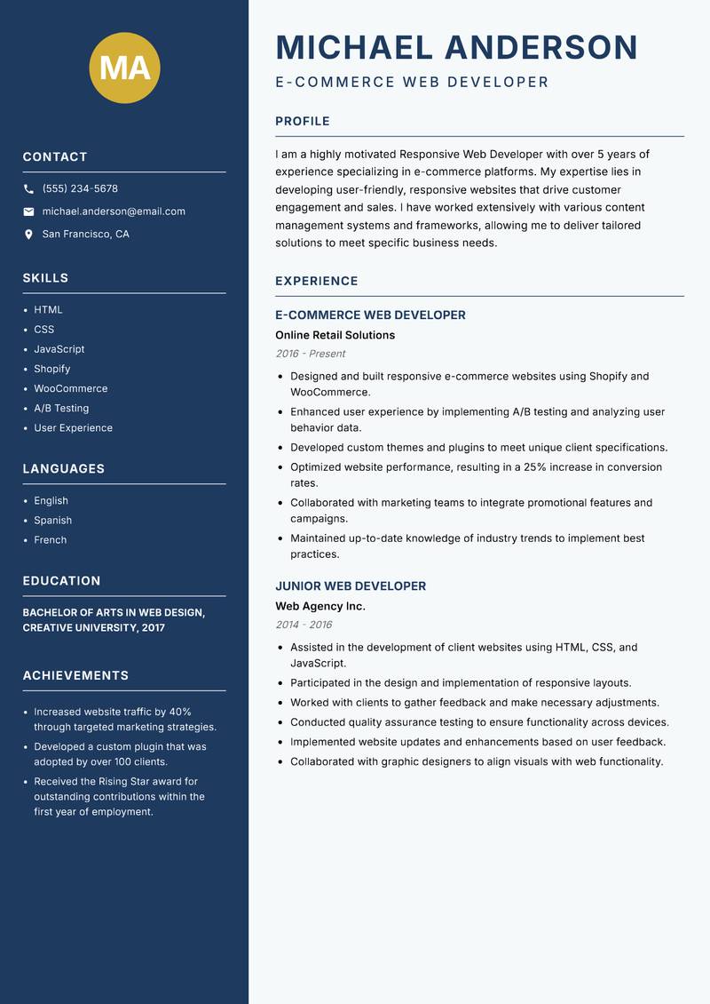 Responsive Web Developer Resume Preview Example