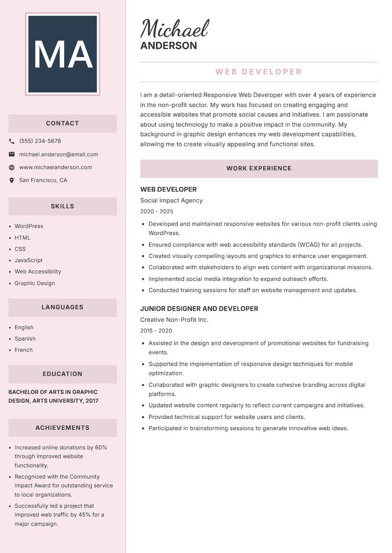 Responsive Web Developer Resume Preview Example