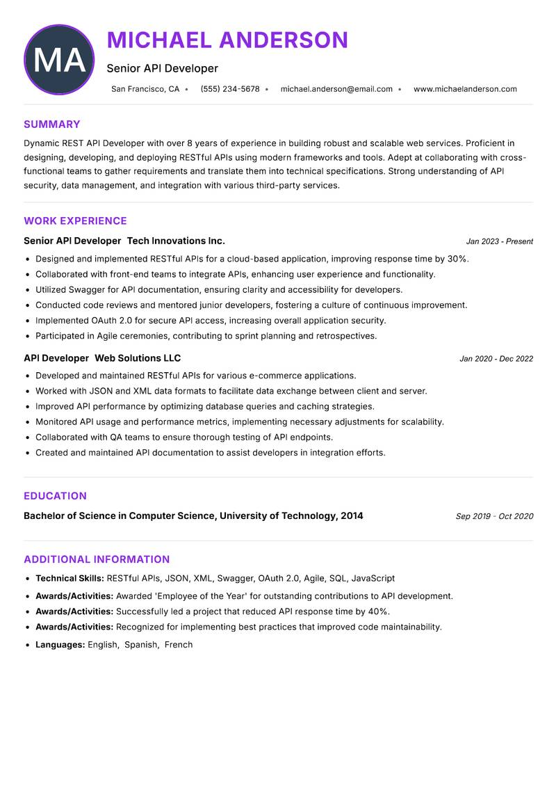 REST API Developer Resume Preview Example