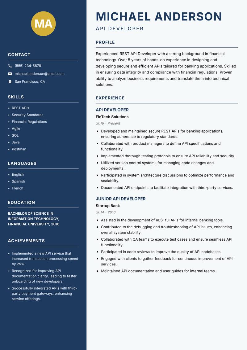 REST API Developer Resume Preview Example