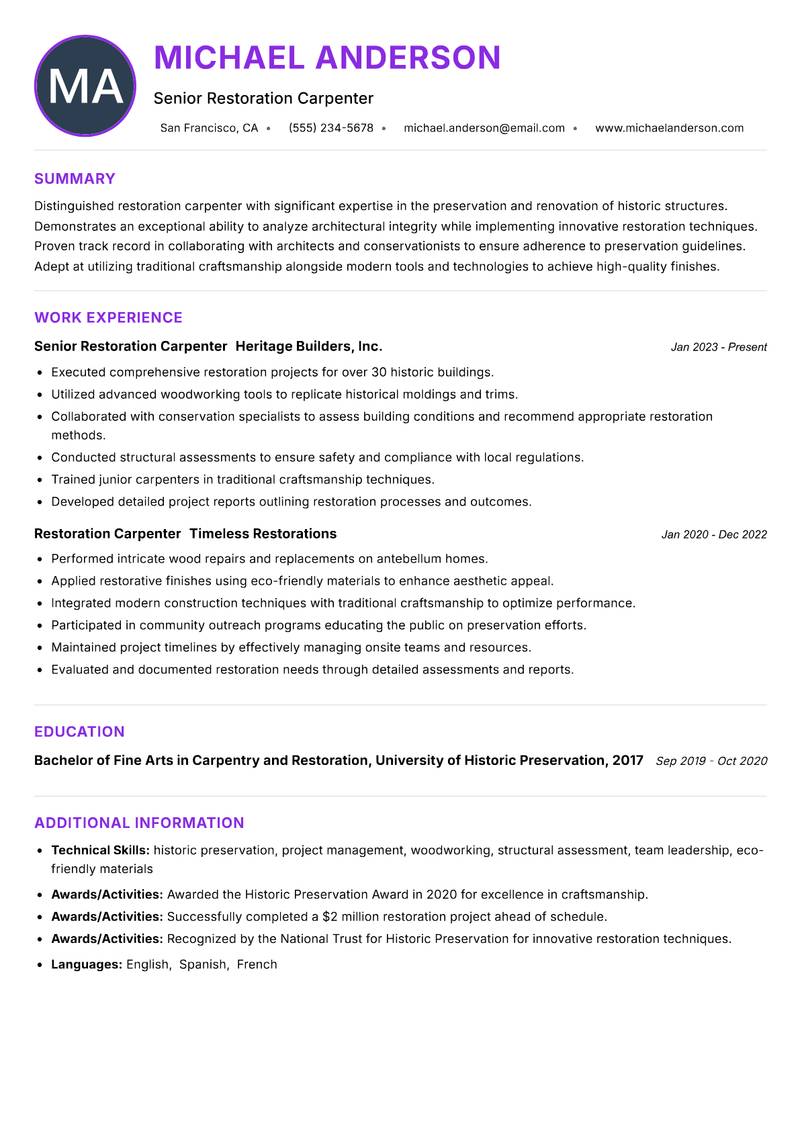 Restoration Carpenter Resume Preview Example