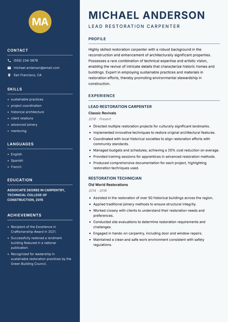 Restoration Carpenter Resume Preview Example