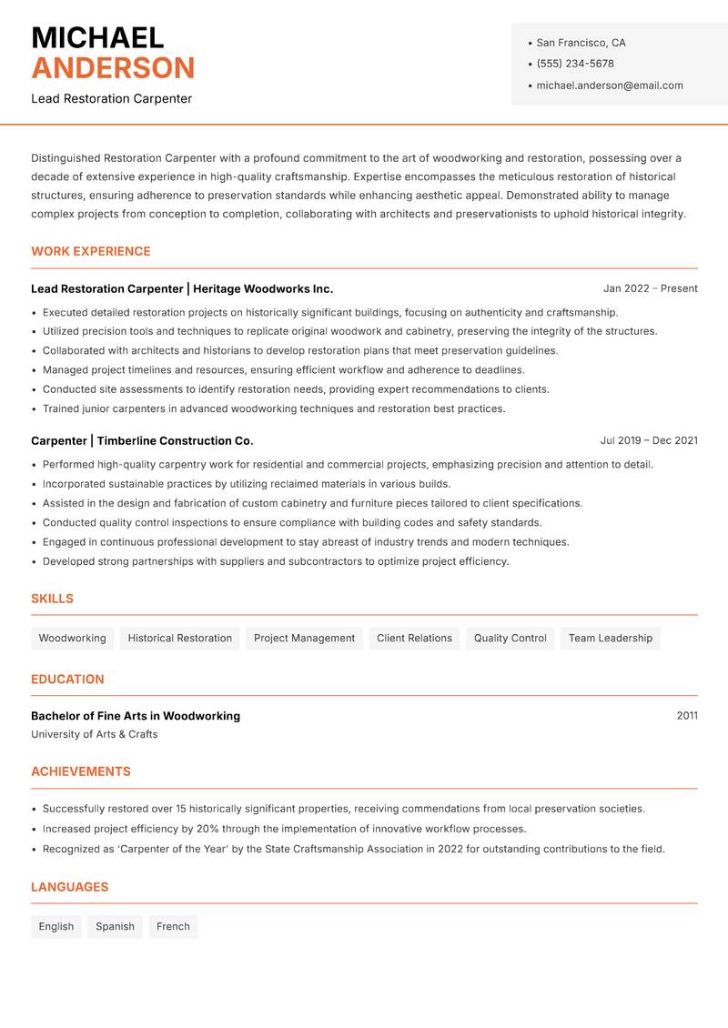 Restoration Carpenter Resume Template