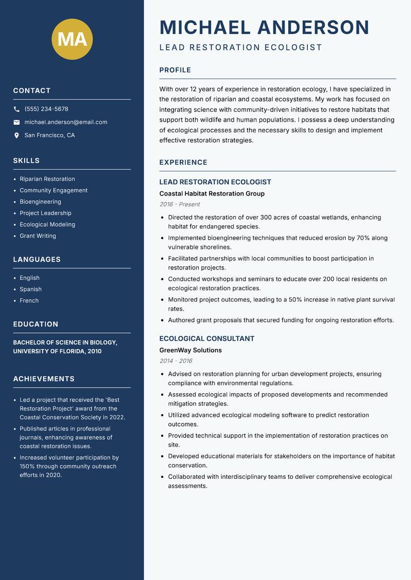 Restoration Ecologist Resume Preview Example