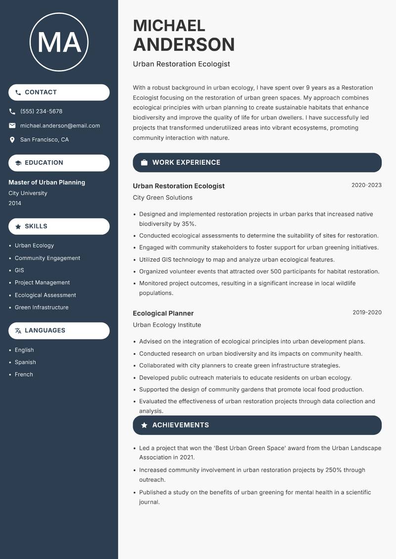 Restoration Ecologist Resume Preview Example