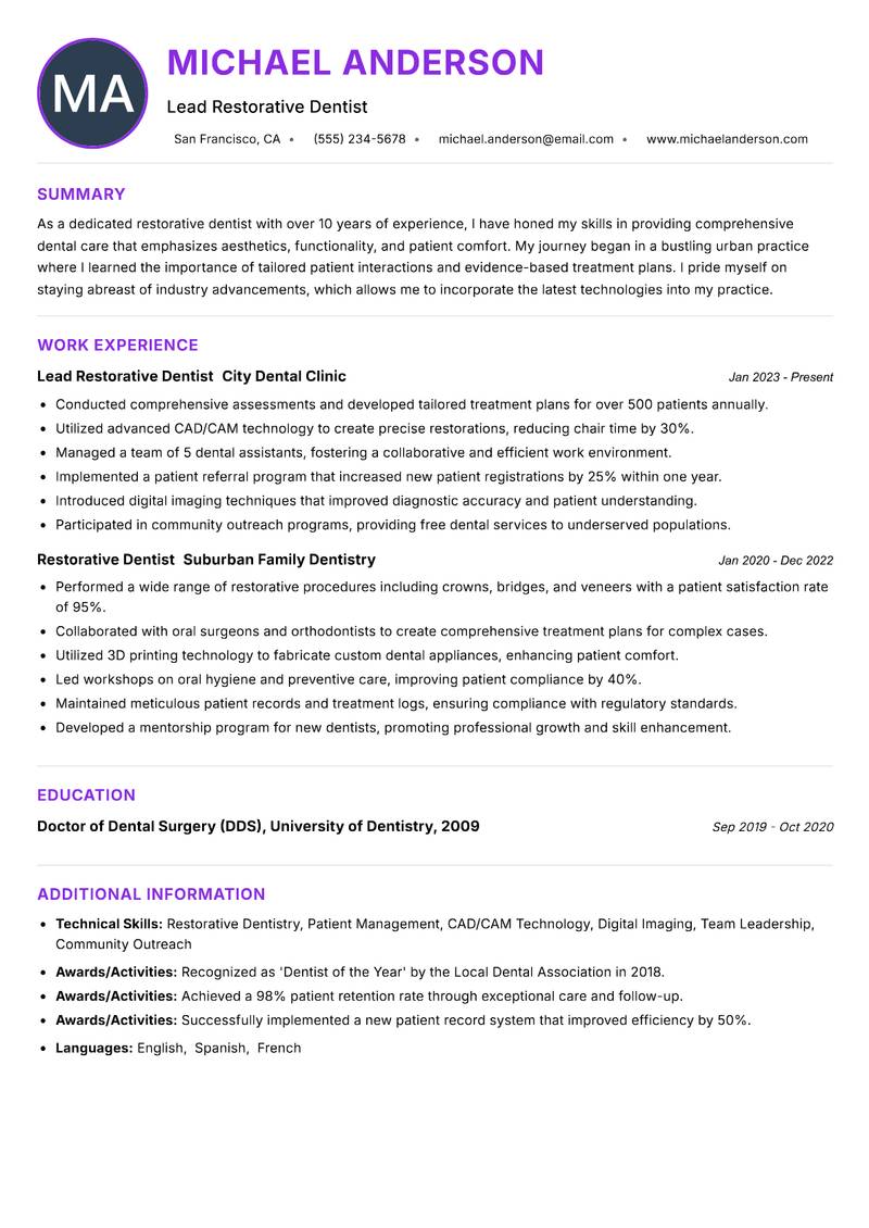 Restorative Dentist Resume Preview Example