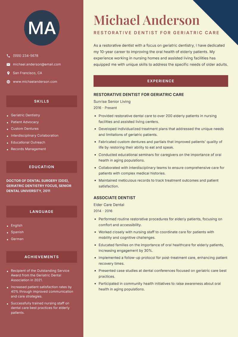 Restorative Dentist Resume Preview Example