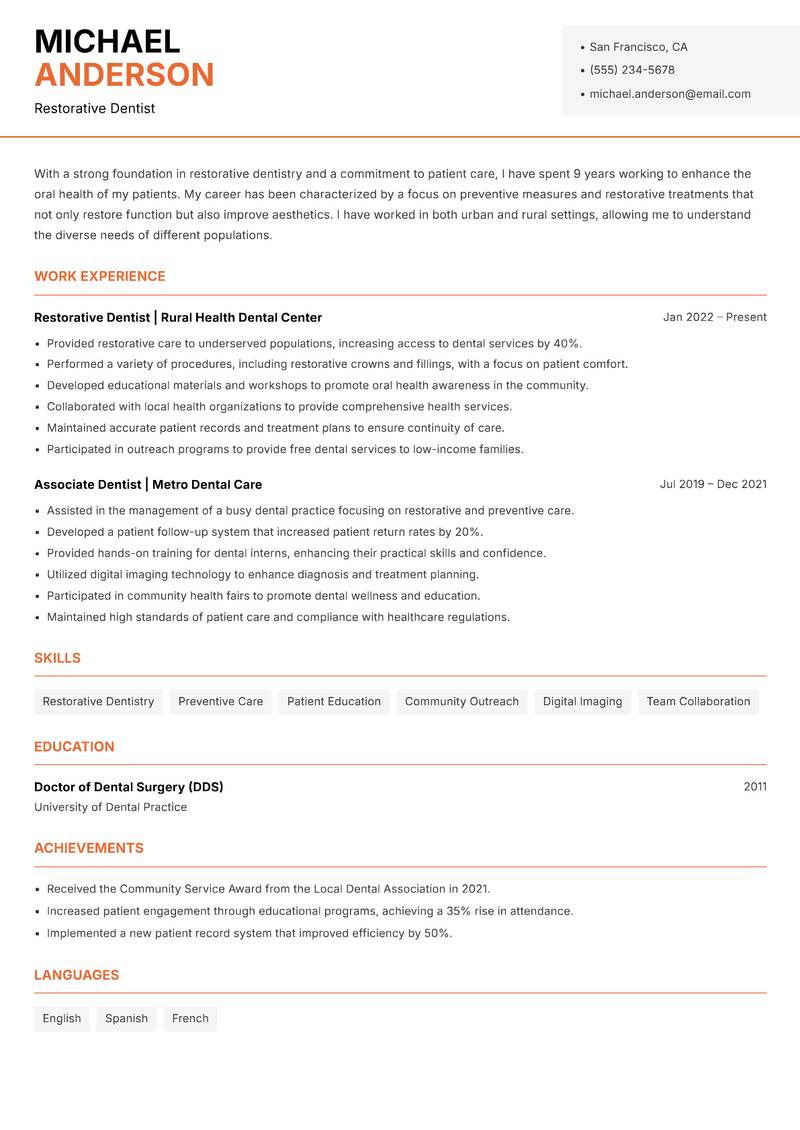 Restorative Dentist Resume Template