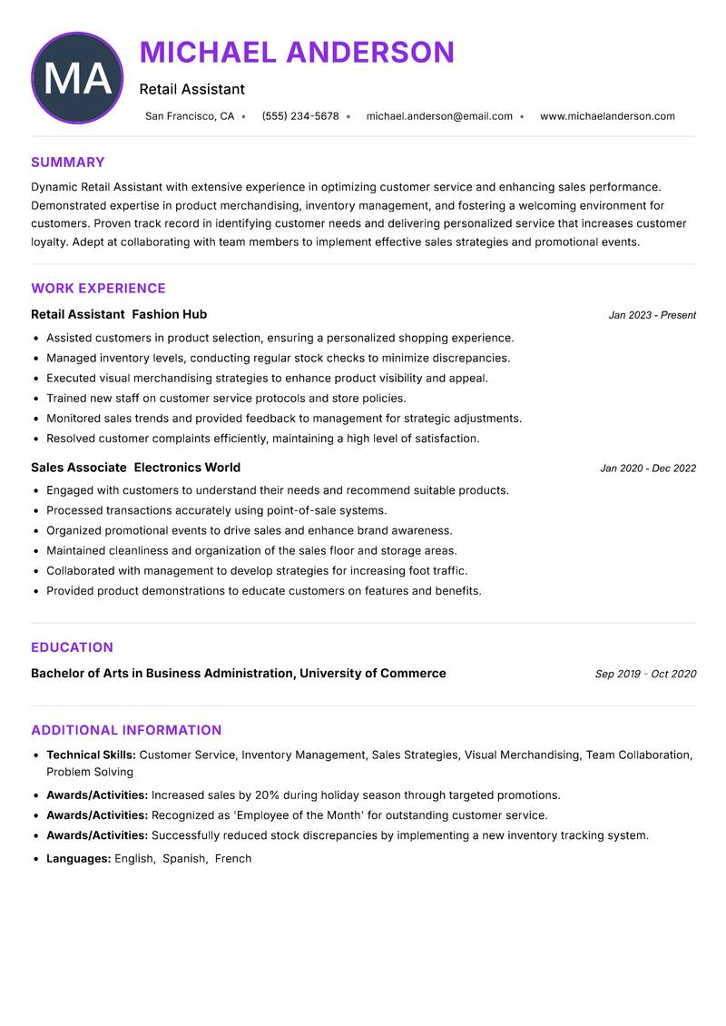 Retail Assistant Resume Preview Example