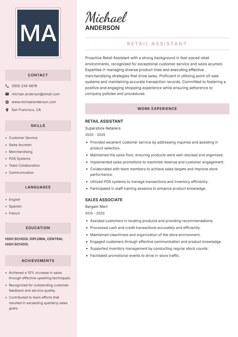 Retail Assistant Resume Preview Example