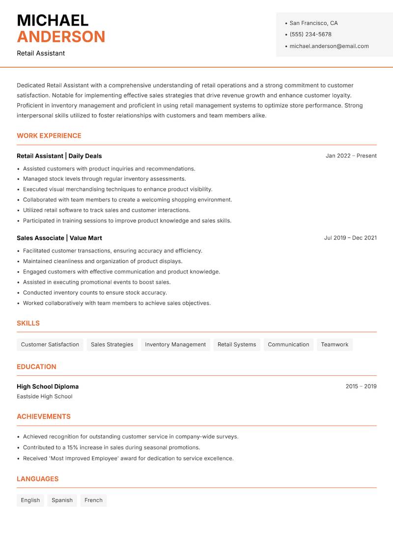 Retail Assistant Resume Template