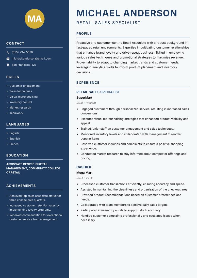 Retail Associate Resume Preview Example