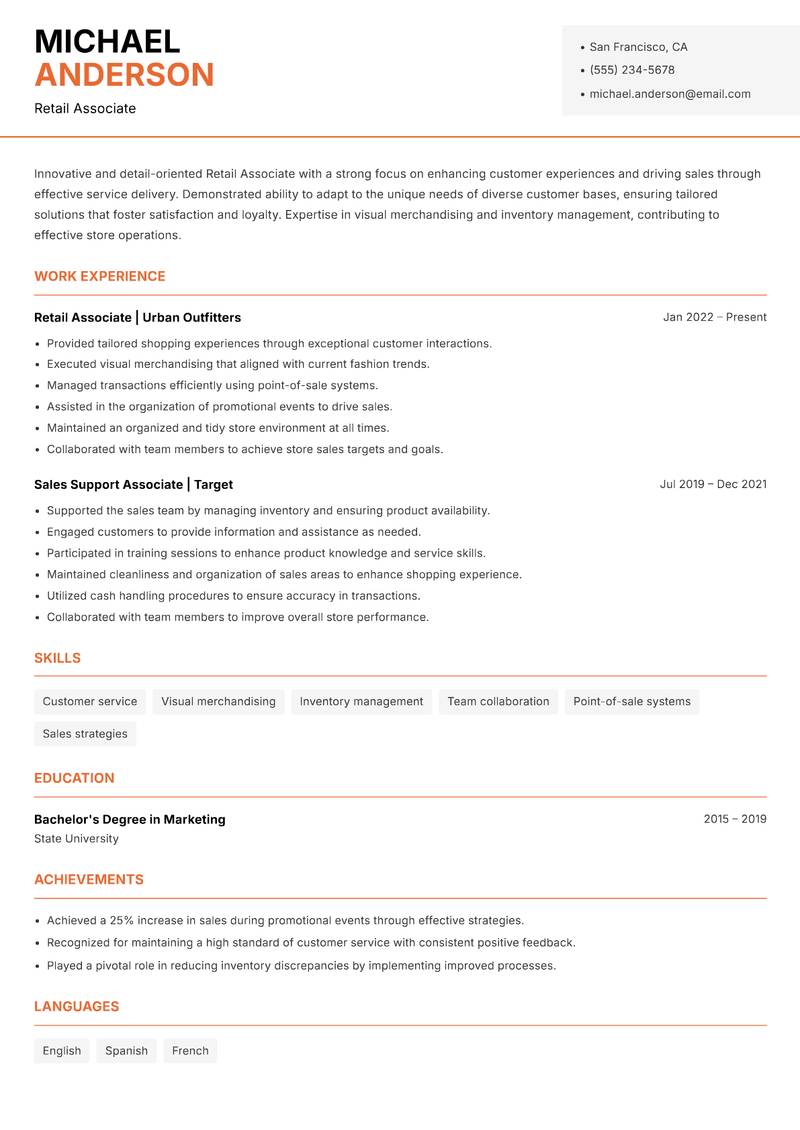 Retail Associate Resume Template