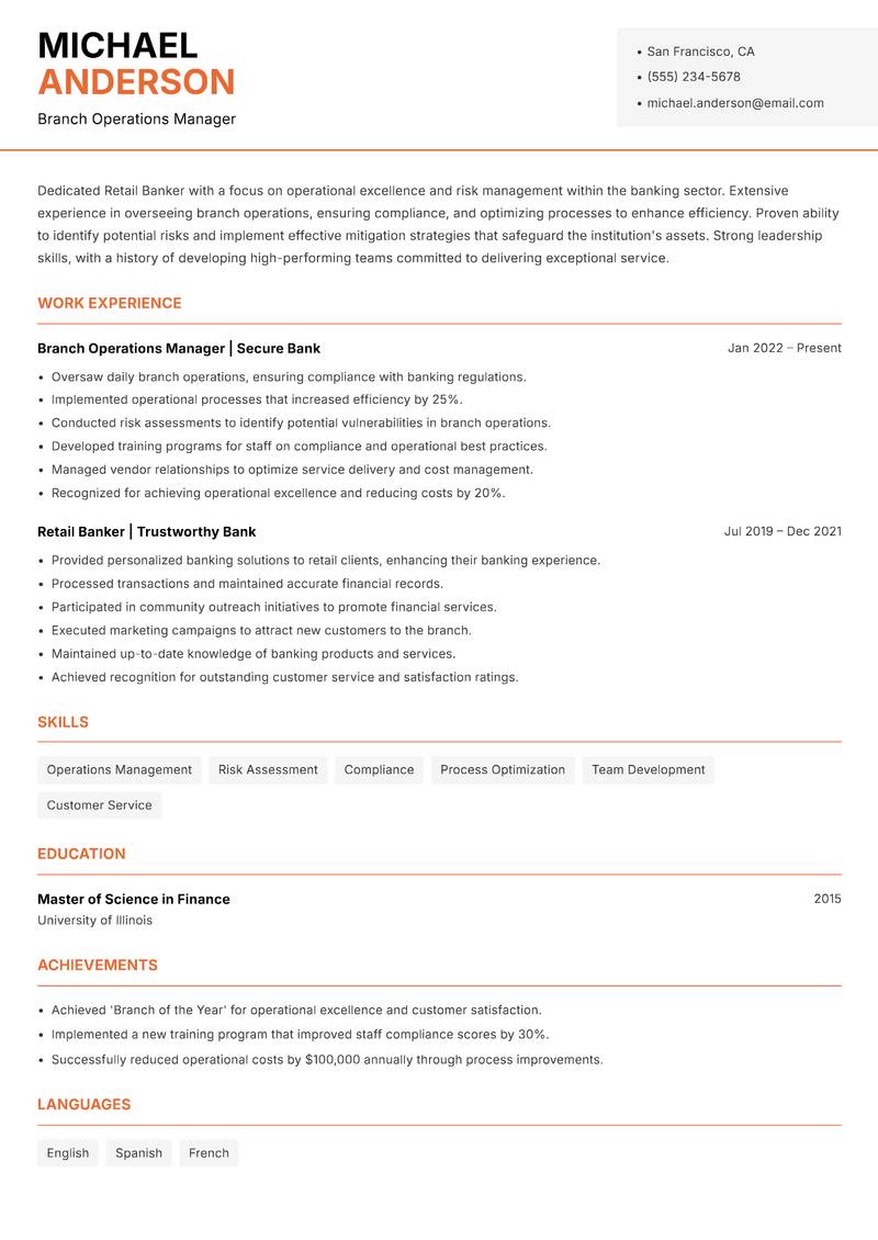 Retail Banker Resume Template