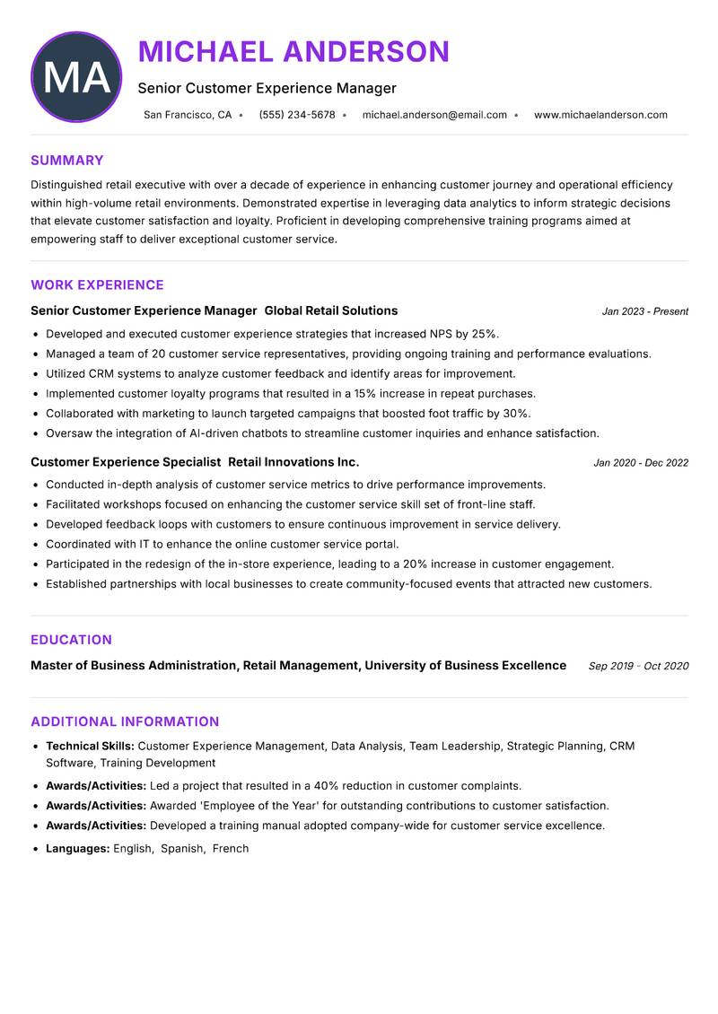 Retail Customer Experience Executive Resume Preview Example