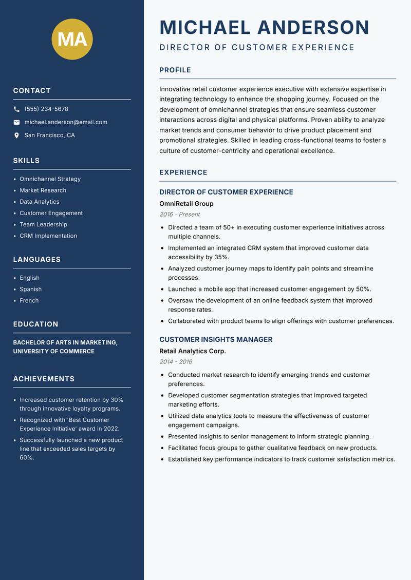 Retail Customer Experience Executive Resume Preview Example