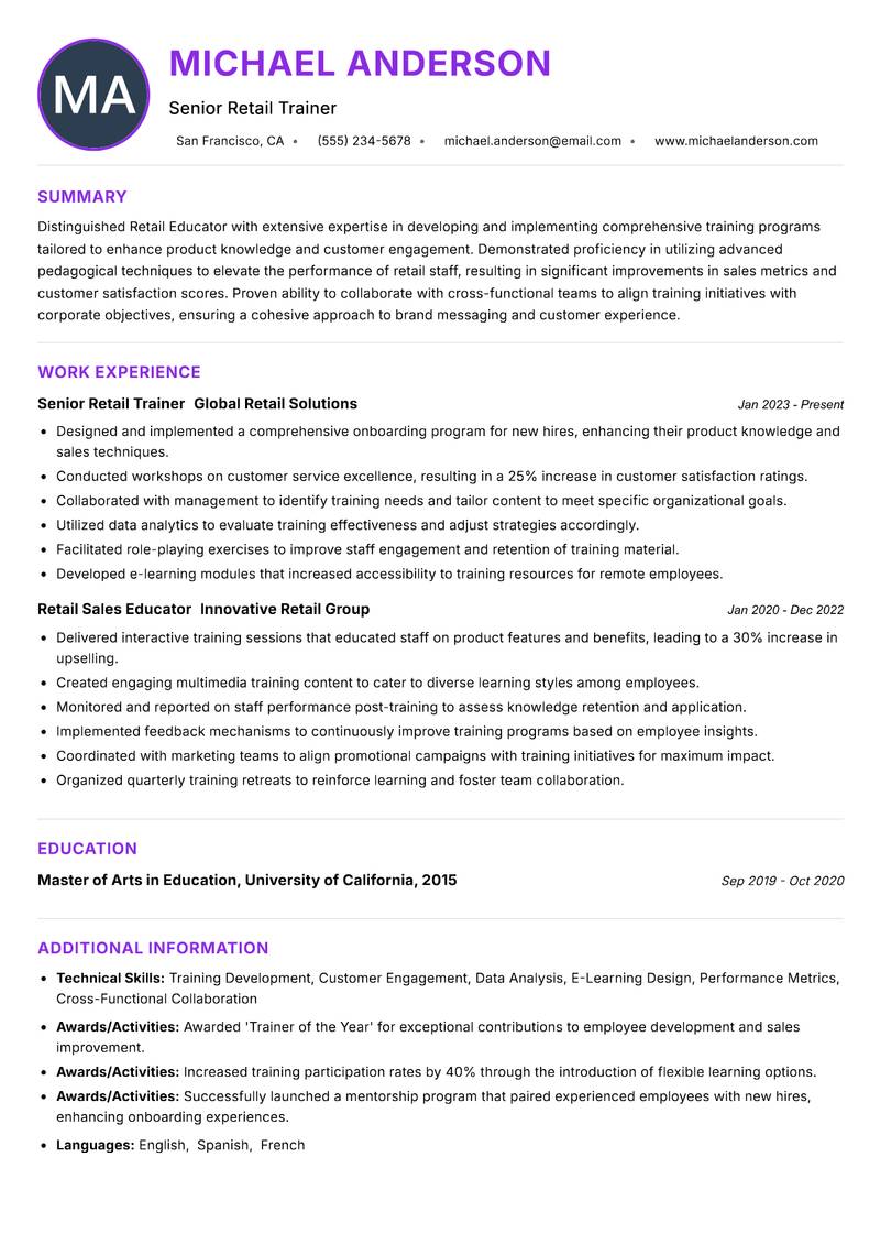 Retail Educator Resume Preview Example