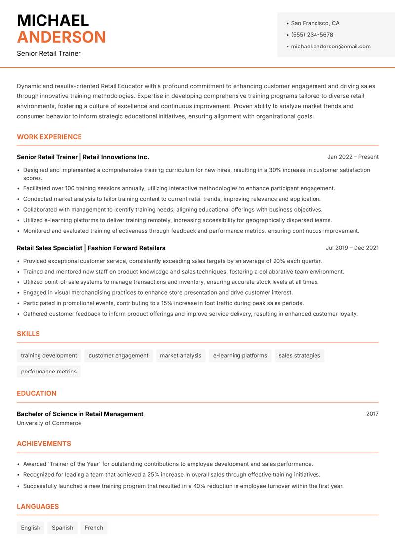 Retail Educator Resume Template