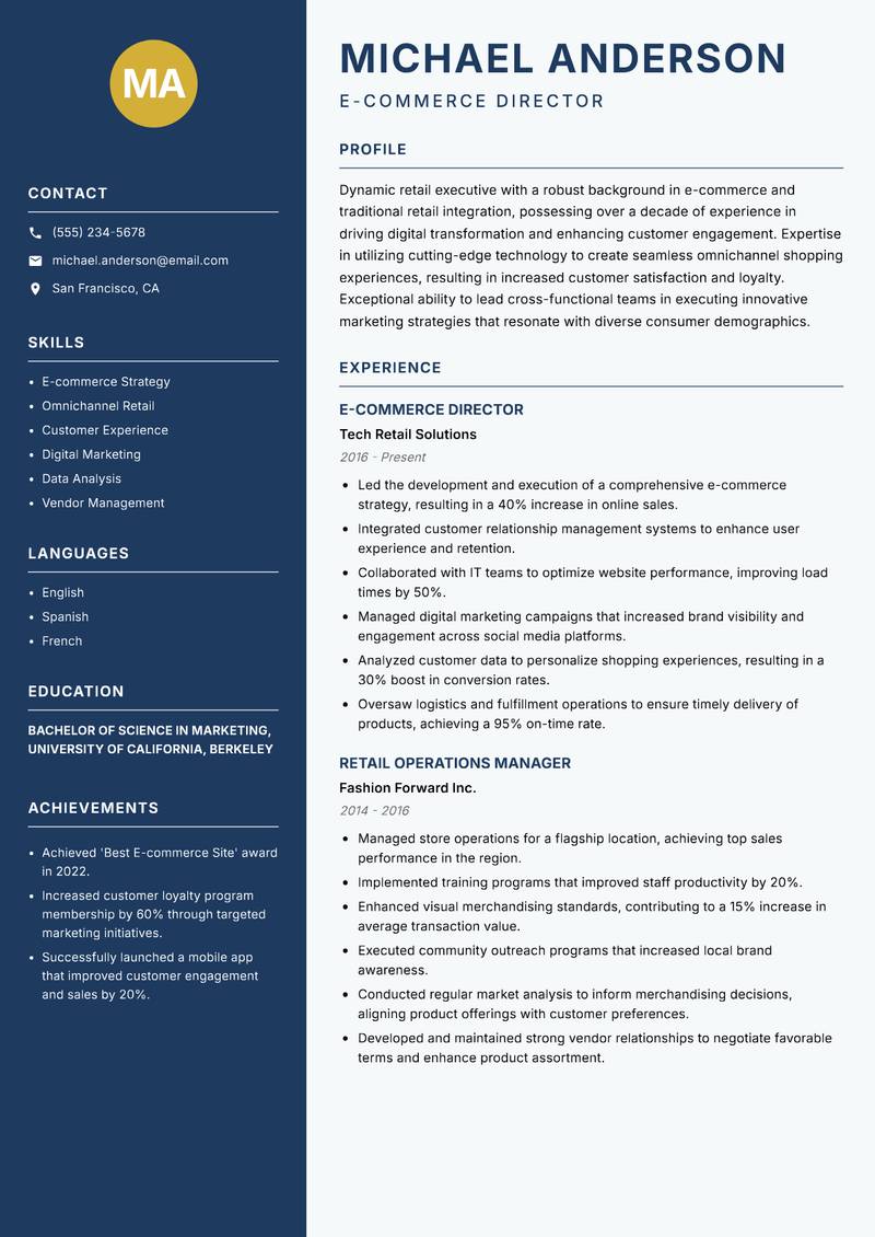 Retail Executive Resume Preview Example