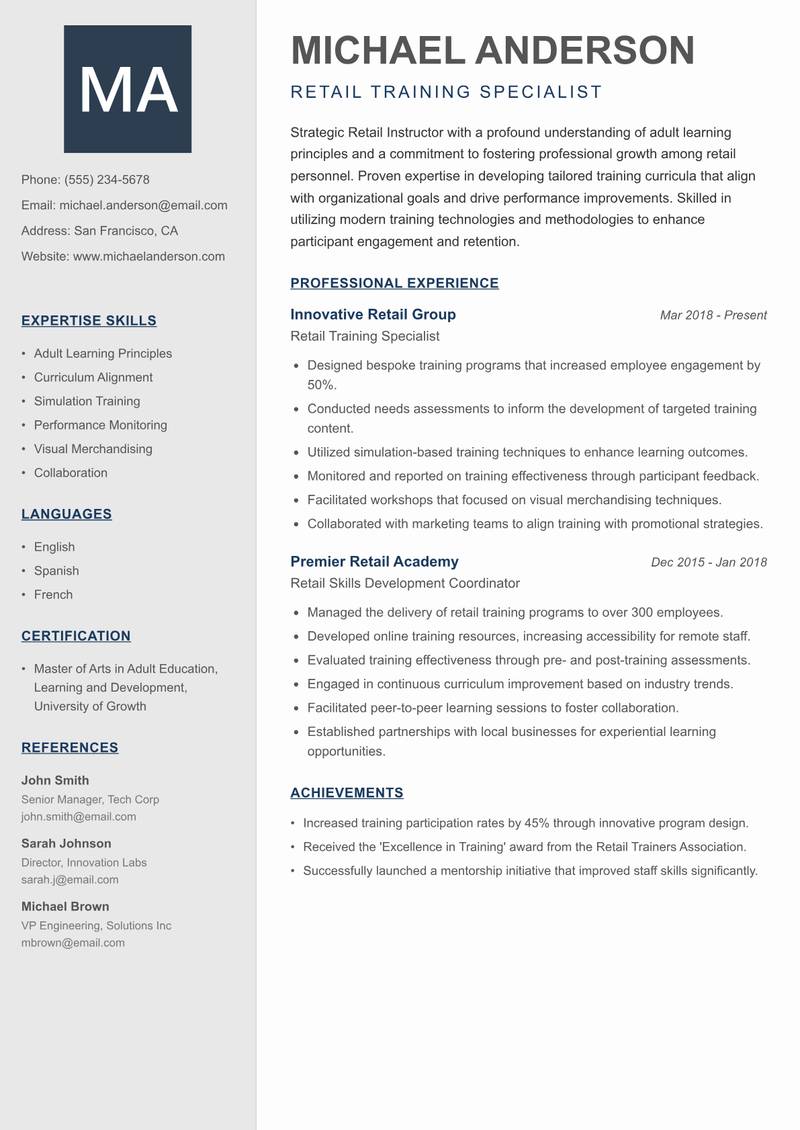 Retail Instructor Resume Preview Example