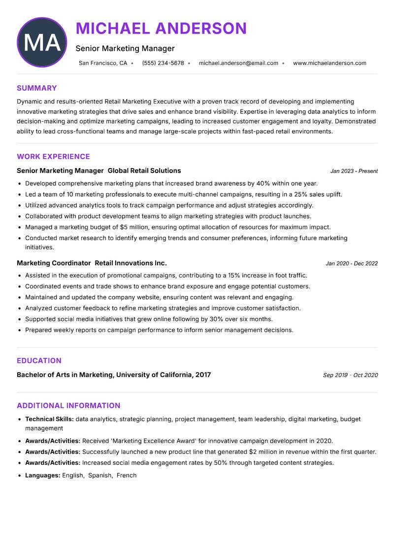 Retail Marketing Executive Resume Preview Example