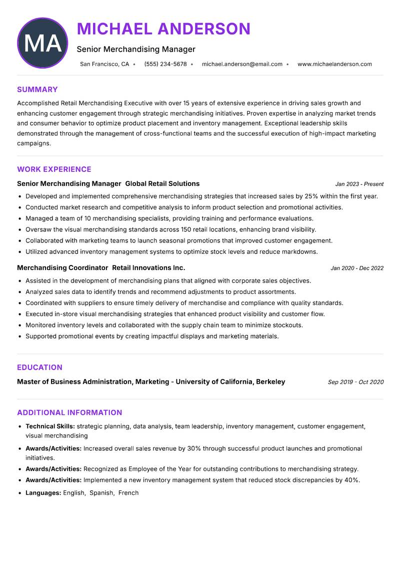 Retail Merchandising Executive Resume Preview Example