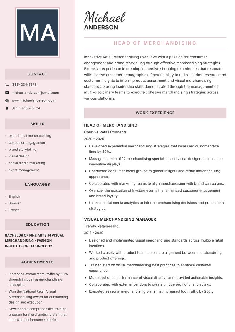 Retail Merchandising Executive Resume Preview Example