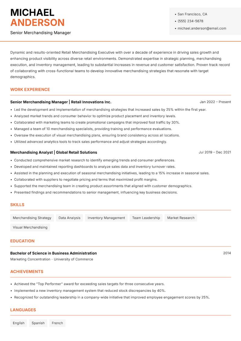 Retail Merchandising Executive Resume Template