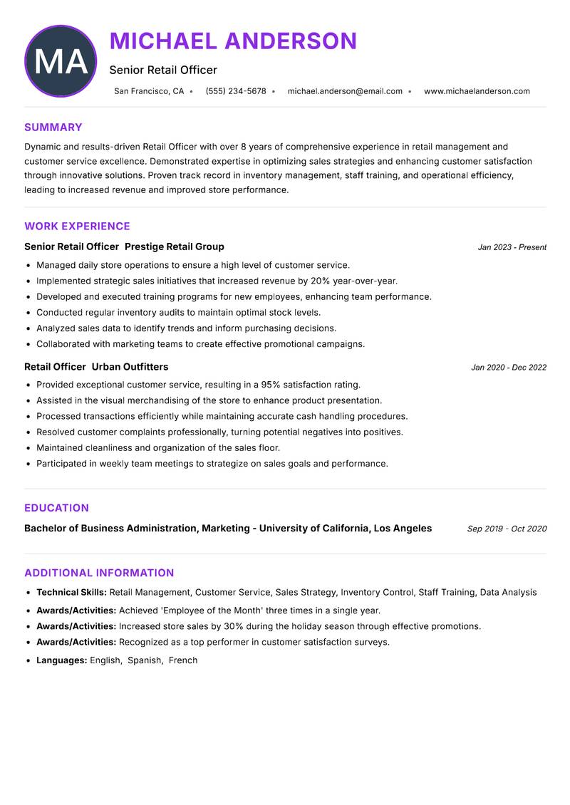Retail Officer Resume Preview Example