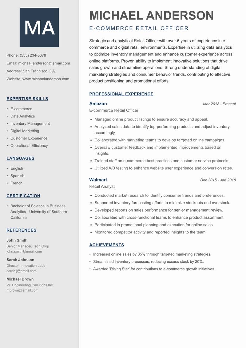 Retail Officer Resume Preview Example