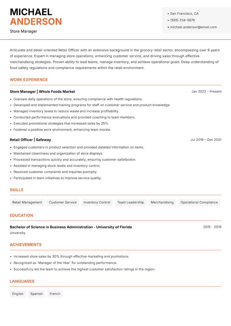 Retail Officer Resume Template