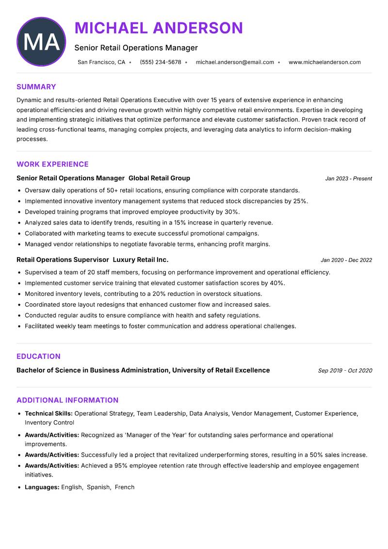 Retail Operations Executive Resume Preview Example