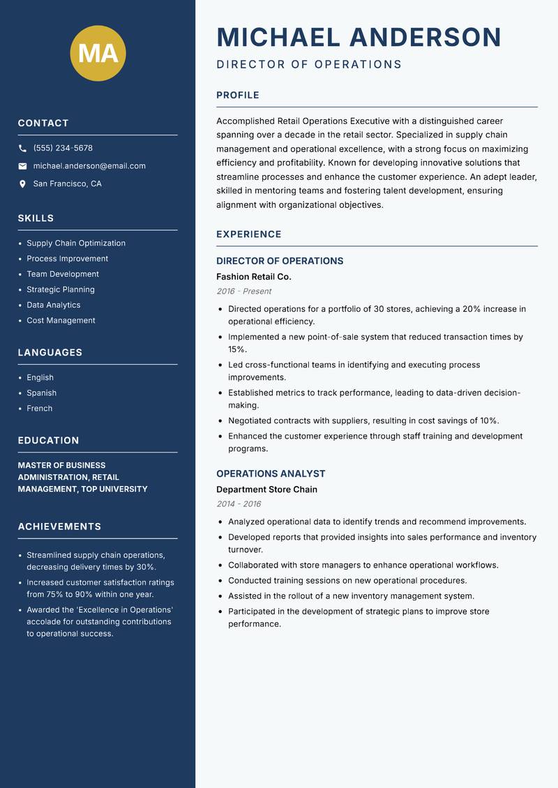 Retail Operations Executive Resume Preview Example