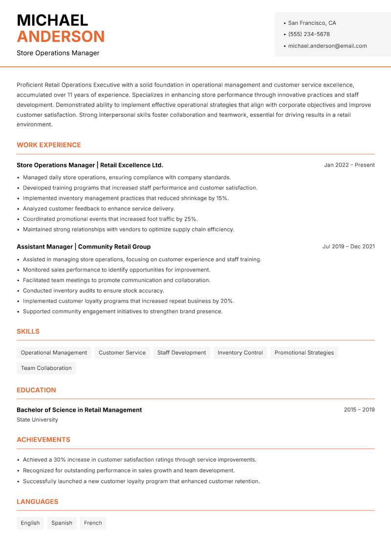 Retail Operations Executive Resume Template