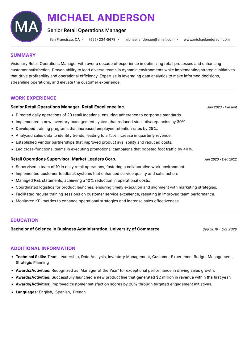 Retail Operations Manager Resume Preview Example