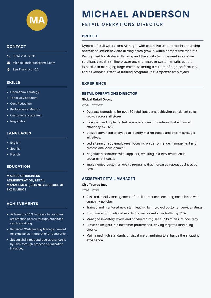 Retail Operations Manager Resume Preview Example