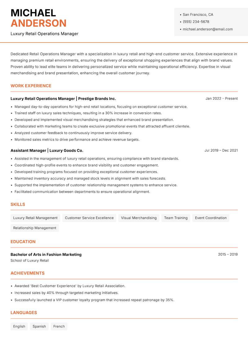 Retail Operations Manager Resume Template
