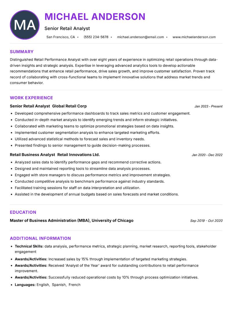 Retail Performance Analyst Resume Preview Example