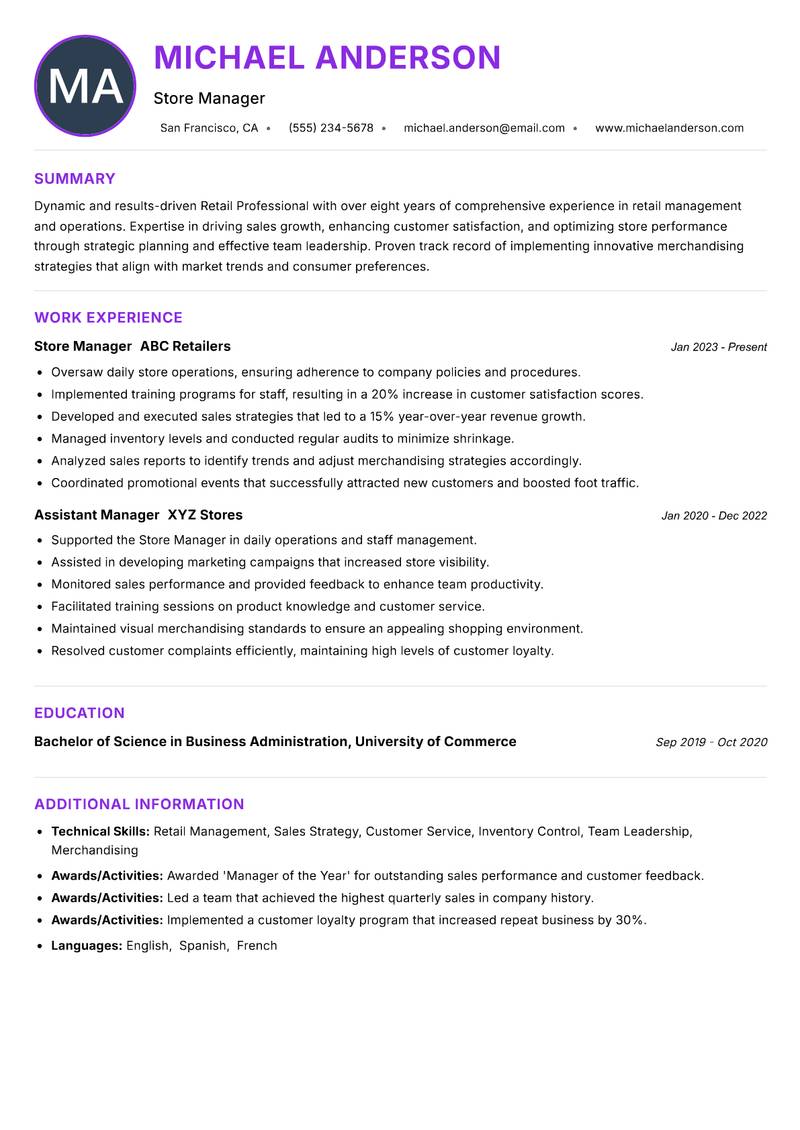 Retail Professional Resume Preview Example
