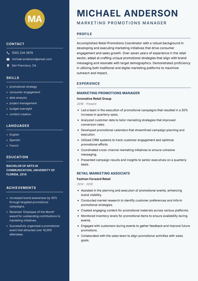 Retail Promotions Coordinator Resume Preview Example