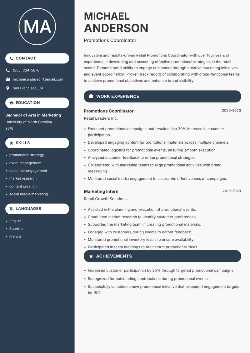 Retail Promotions Coordinator Resume Preview Example