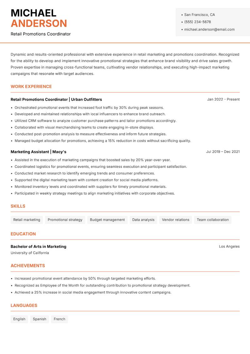 Retail Promotions Coordinator Resume Template